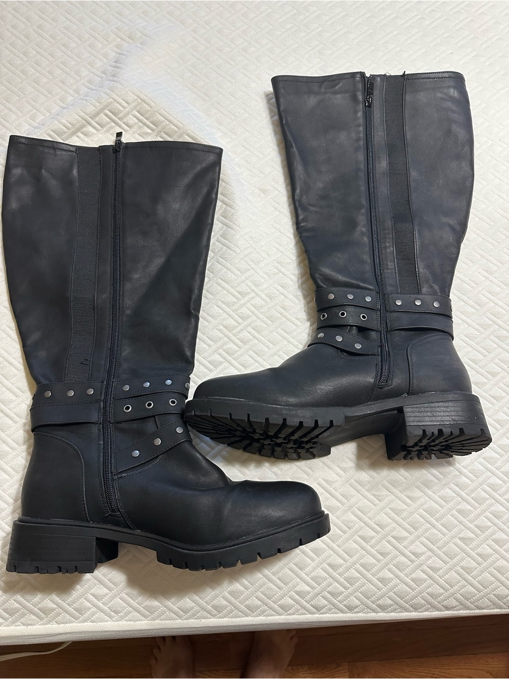 Black Women's 9.5WW Mid-Calf Leather Riding Boots - Studded Strap Detail